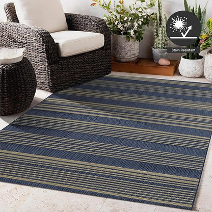 FH Home Outdoor Rug - Waterproof Easy to Clean Stain Resistant - Patio Indoor Outdoor Porch Deck Balcony Entryway - Striped Coastal - Newport - Blue - 5ft 2in x 7ft 6in