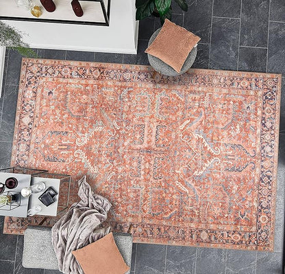 GLN Rugs Traditional Collection - Machine Washable Area Rug, Traditional Washable, Non Slip, Low Pile Chenille Rug, Living Room, Bedroom, Kitchen Rug (4' x 6' Terra/Multicolor 1168)