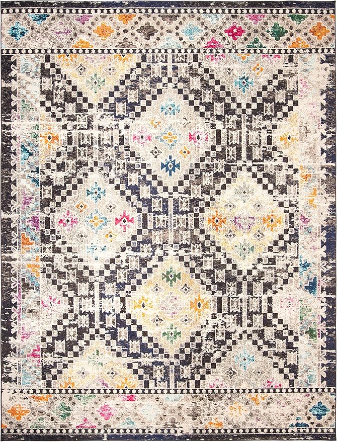 SAFAVIEH Madison Collection Area Rug - 10' x 14', Black & Yellow, Boho Diamond Distressed Design, Non-Shedding & Easy Care, Ideal for High Traffic Areas in Living Room, Bedroom (MAD418Z)