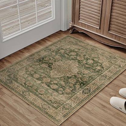 HUGEAR 2x3 Entryway Area Rug Retro Green Small Rug Machine Washable Door Mat Vintage Floral Low Pile Carpet Distressed Throw Rug Entrance Kitchen Bathroom Bedroom Office Non Slip Soft Lightweight