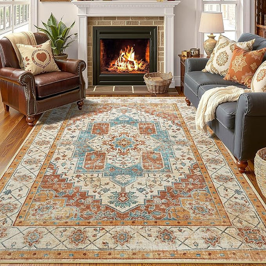 YJ.GWL Area Rugs for Living Room 4x6 Machine Washable Rugs for Bedroom, Non Slip Floral Vintage Rug Indoor Carpet, Stain Resistant Throw Rug for Dining Room Kitchen, Brick Orange