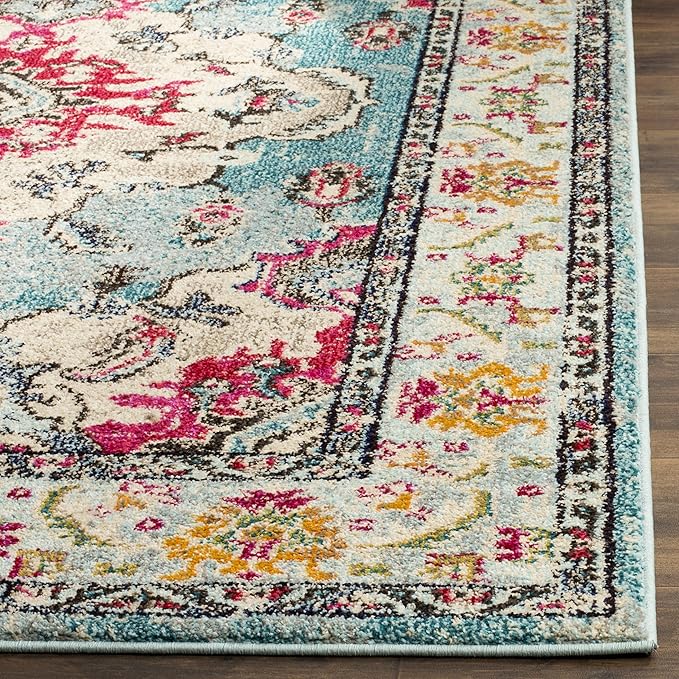 SAFAVIEH Monaco Collection Area Rug - 5' Square, Light Blue & Fuchsia, Boho Chic Medallion Distressed Design, Non-Shedding & Easy Care, Ideal for High Traffic Areas in Living Room, Bedroom (MNC243J)