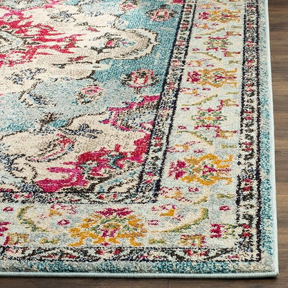SAFAVIEH Monaco Collection Area Rug - 10' x 14', Light Blue & Fuchsia, Boho Chic Medallion Distressed Design, Non-Shedding & Easy Care, Ideal for High Traffic Areas in Living Room, Bedroom (MNC243J)