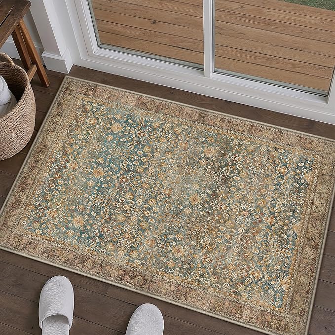 Entryway Area Rug 2x3 Washable Vintage Carpet Non Slip Indoor Kitchen Door Mat Retro Traditional Entrance Accent Throw Small Rug Brick Red for Bathroom Office Bedroom Dining Living Room