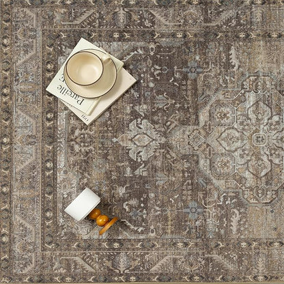 5x7 Brown Washable Vintage Area Rug for Living Room Bedroom Non Slip Distressed Traditional Soft Large Throw Rug Low Pile Lightweight Floral Carpet Office Classroom Dining Laundry Room