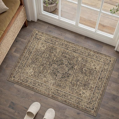 2x3 Brown Washable Vintage Area Rug for Living Room Bedroom Soft Tranditional Non Slip Thin Throw Rug Lightweight Floral Low Pile Distressed Doormat Entrance Dining Laundry Room Kitchen
