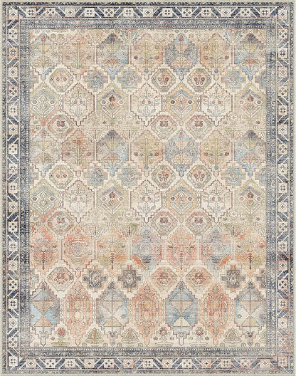 Bavni Washable Rug 5x7 Area Rug for Living Room Bedroom Dining, Washable Vintage Print Carpet, Ultra-Thin Low Pile Lightweight Rug with Non Slip Backing, Multi Beige