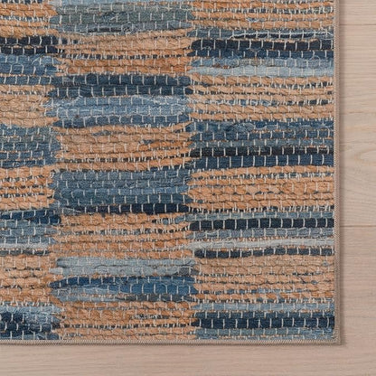 Dash & Albert Ravel Stripe Blue Machine Washable Rug, Runner-2.5 X 8 Feet, Tan/Blue Stripe Pattern