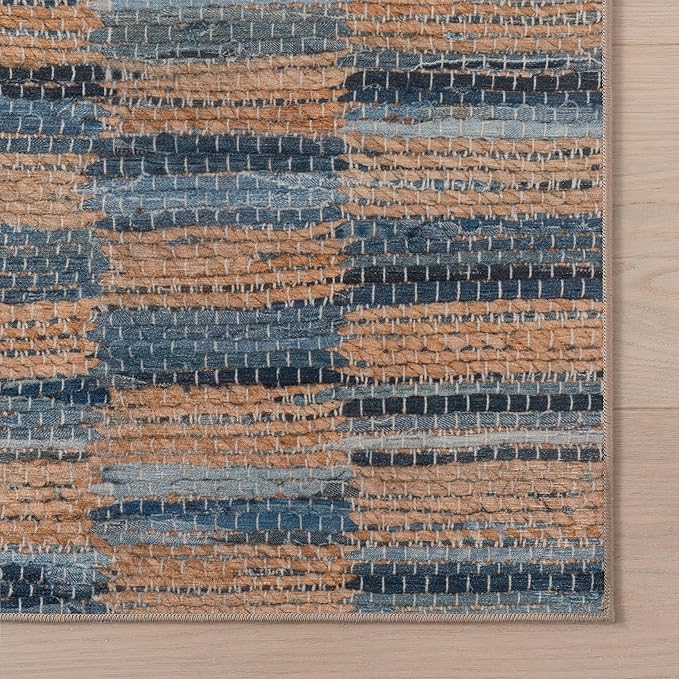 Dash & Albert Ravel Stripe Blue Machine Washable Rug, 6 X 9 Feet, Tan/Blue Stripe Pattern