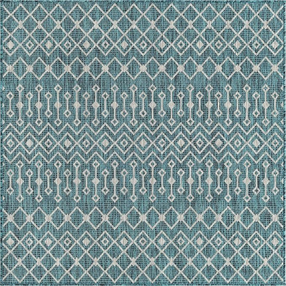 Unique Loom Outdoor Trellis Collection Area Rug - Tribal Trellis (7' 10" Square, Teal/ Ivory)