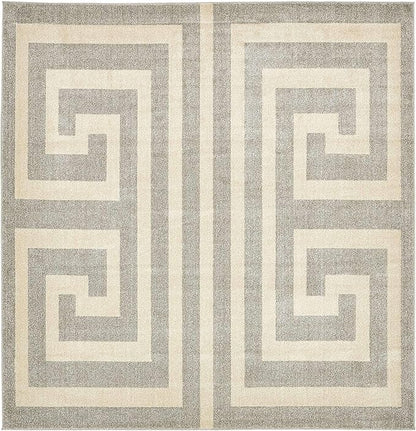 Unique Loom Athens Collection Classic Geometric Modern Border Design Area Rug (8' 0 x 8' 0 Square, Gray/ Beige)