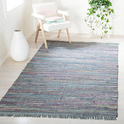 SAFAVIEH Rag Rug Collection Area Rug - 5' x 8', Aqua & Multi, Handmade Boho Stripe Cotton, Ideal for High Traffic Areas in Living Room, Bedroom (RAR121K)