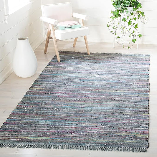 SAFAVIEH Rag Rug Collection Area Rug - 5' x 8', Aqua & Multi, Handmade Boho Stripe Cotton, Ideal for High Traffic Areas in Living Room, Bedroom (RAR121K)