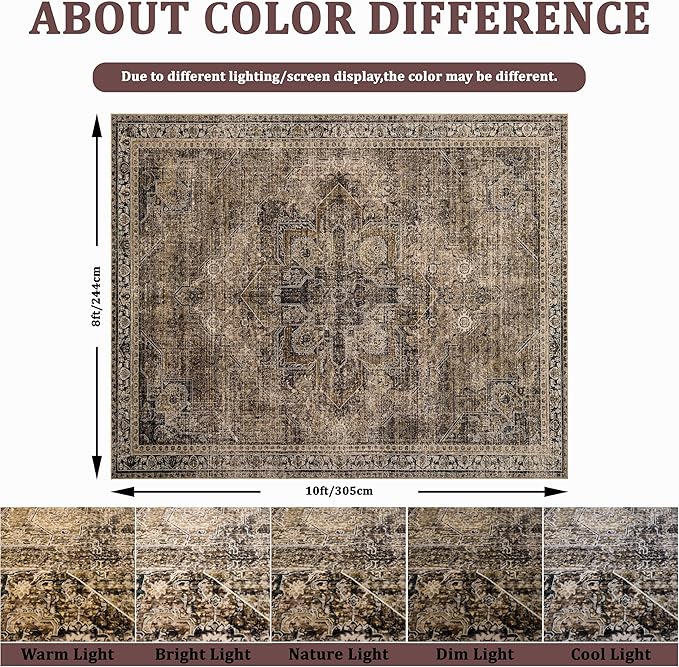 4x6 Washable Area Rug for Living Room, Carpet for Bedroom, Soft Faux Wool Retro Dining Room Rug, Non Slip&Non-Shedding Resistant Low Pile Vintage Print Rug for Home Office (Brown1)