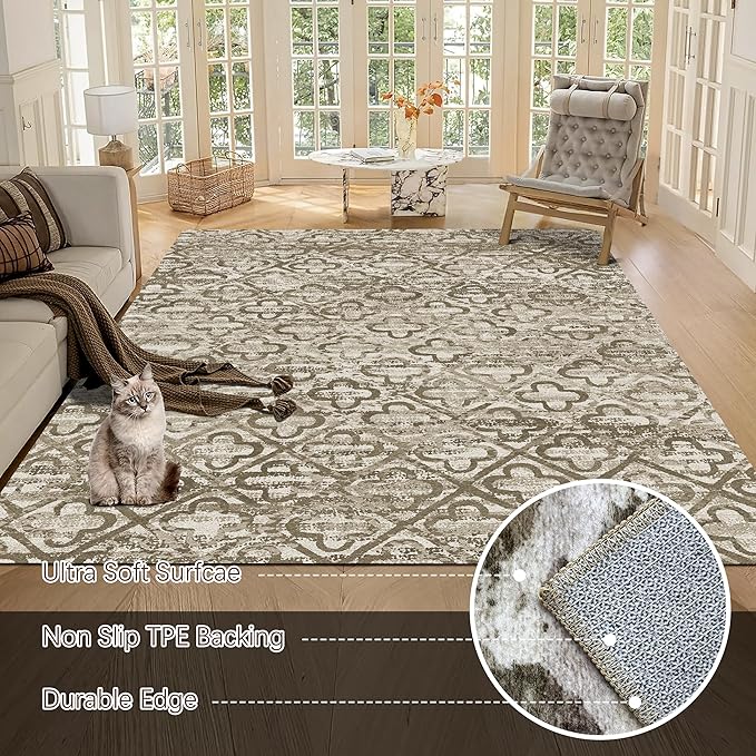 RUGSURE Washable Area Rugs, 6' x 9' - 1/6 Thick - Stain & Water Resistant Non-Slip - Perfect Resistant Rug for Living Room, Bedroom, Nursery, Pet & Child Friendly, Vibrant Colors Rugs, Brown