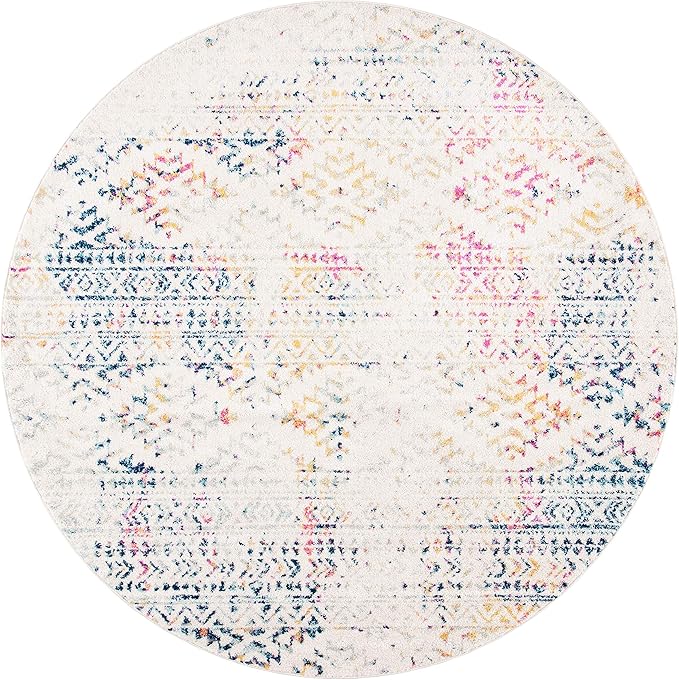SAFAVIEH Tulum Collection Area Rug - 6'7" Round, Ivory & Blue, Moroccan Boho Tribal Design, Non-Shedding & Easy to Clean, Ideal for Living Room, Bedroom, Dining Space (TUL272C)