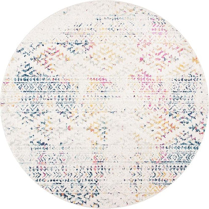 SAFAVIEH Tulum Collection Area Rug - 8' Round, Ivory & Blue, Moroccan Boho Tribal Design, Non-Shedding & Easy to Clean, Ideal for Living Room, Bedroom, Dining Space (TUL272C)