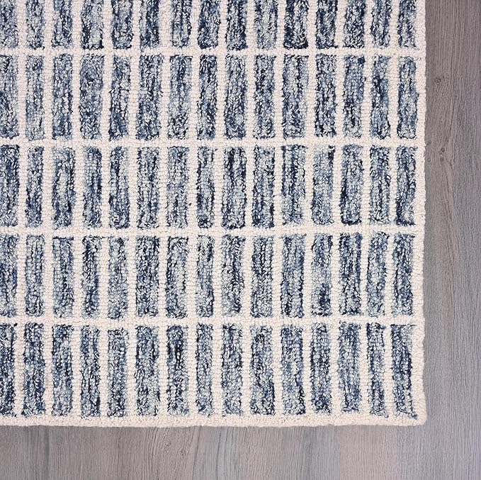 Hand-Tufted 100% Wool Area Rug – Unique Modern Geometric Grid Pattern, Soft Plush Textured Carpet for Living Room, Bedroom, Dining Room & Entryway (Denim Blue, 7' x 9')