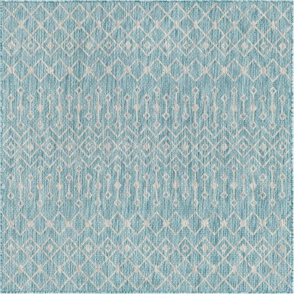 Unique Loom Outdoor Trellis Collection Area Rug - Tribal Trellis (5' 3" Square, Aqua/ Ivory)