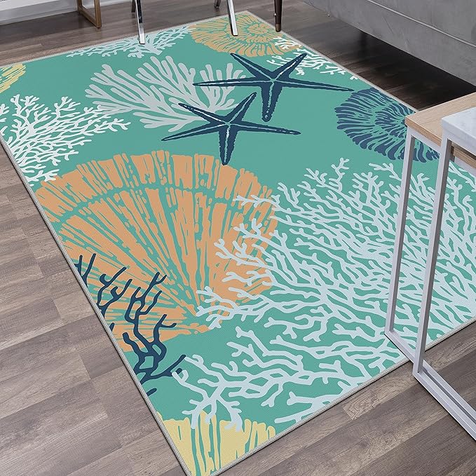 Tritard Coastal Area Rug 3x5 - Small Machine Washable Foldable Throw Rugs Non-Slip Beach Ocean Entryway Indoor Entrance Carpet for Kitchen Bathroom Laundry Bedroom Living Room, Teal and Turquoise
