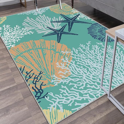 Tritard Coastal Area Rug 3x5 - Small Machine Washable Foldable Throw Rugs Non-Slip Beach Ocean Entryway Indoor Entrance Carpet for Kitchen Bathroom Laundry Bedroom Living Room, Teal and Turquoise