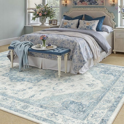Blue Area Rug 8x10 Washable Vintage Carpet for Living Room Bedroom Large Soft Retro Low Pile Thin Indoor Rug Non Slip Oriental Medallion Floor Cover for Dining Room Office