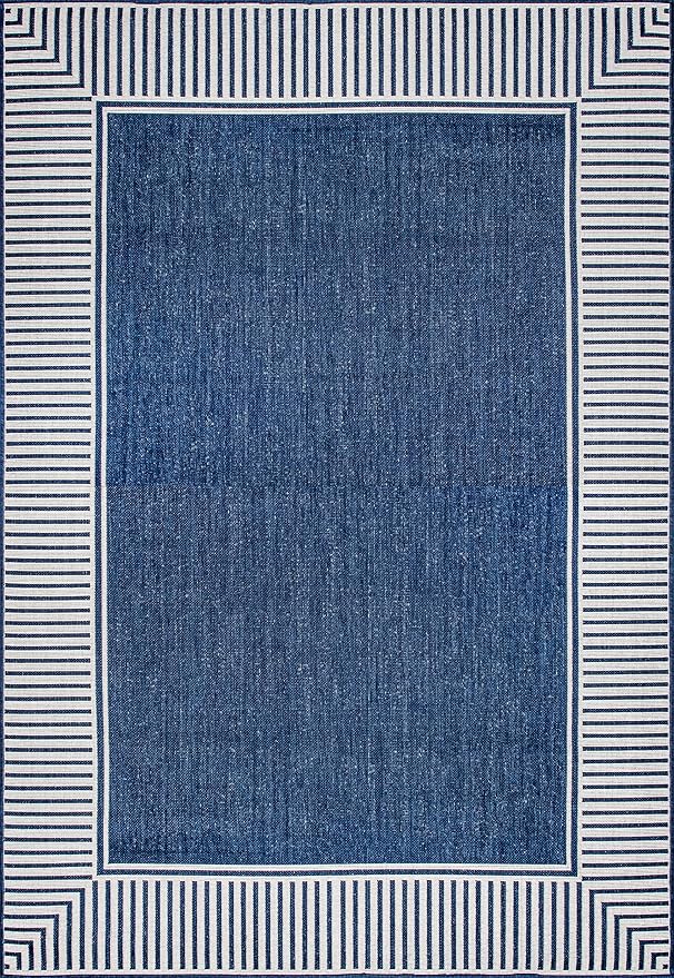 Nuloom Asha Navy/Ivory, 8' Square, Casual, Striped Border, Soft and Cozy, High Traffic, Stain Resistant, Easy Clean, Durable Area Rug for Indoor/Outdoor Patio, Deck, Porch, Garden, Courtyard