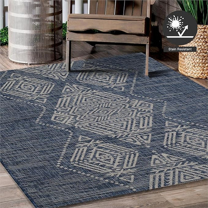 FH Home Outdoor Rug - Waterproof Easy to Clean Stain Resistant - Patio Indoor Outdoor Porch Deck Balcony Entryway - Boho Moroccan - Ariana - Blue - 5ft 2in x 7ft 6in