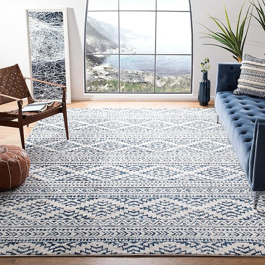 SAFAVIEH Area Rug 6x9 - Tulum Collection - Ivory & Navy, Moroccan Boho Tribal Design, Non-Shedding & Easy to Clean, Ideal for Living Room, Bedroom, Dining Space (TUL272D)