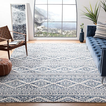 SAFAVIEH Tulum Collection Area Rug - 8' Square, Ivory & Navy, Moroccan Boho Tribal Design, Non-Shedding & Easy to Clean, Ideal for Living Room, Bedroom, Dining Space (TUL272D)