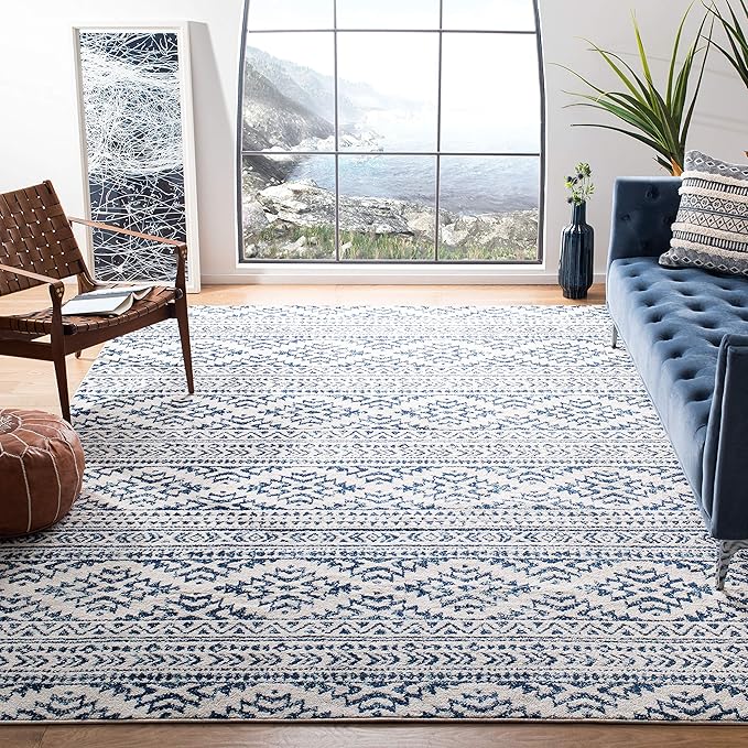 SAFAVIEH Area Rug 12x15 - Tulum Collection - Large - Ivory & Navy, Moroccan Boho Tribal Design, Non-Shedding & Easy to Clean, Ideal for Living Room, Bedroom, Dining Space (TUL272D)