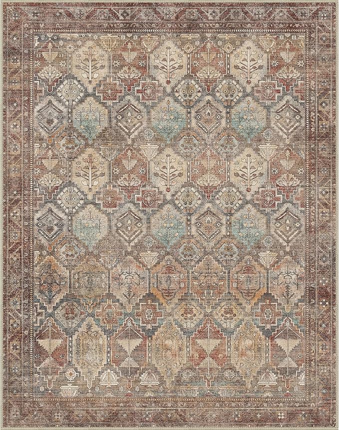 Bavni Washable Rug 8x10 Area Rug for Living Room Bedroom Dining, Washable Vintage Print Carpet, Ultra-Thin Low Pile Lightweight Rug with Non Slip Backing, Reddish Brown