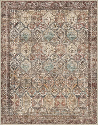 Bavni Washable Rug 5x7 Area Rug for Living Room Bedroom Dining, Washable Vintage Print Carpet, Ultra-Thin Low Pile Lightweight Rug with Non Slip Backing, Reddish Brown