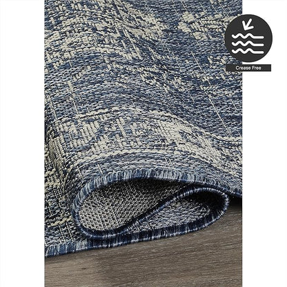 FH Home Outdoor Rug - Waterproof Easy to Clean Stain Resistant - Patio Indoor Outdoor Porch Deck Balcony Entryway - Vintage Distressed - Gorgan - Blue - 4ft x 5ft 7in