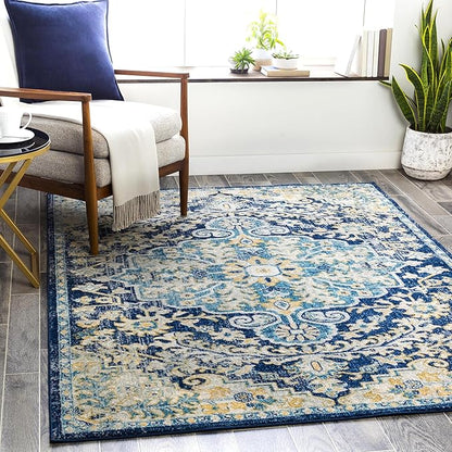 Livabliss Area Rugs - 7x9 Odelia Vintage Boho Blue Aqua Slate Area Rug for Living Room Bedroom - Floral Medallion Stain Resistant Carpet for Kitchen, Nursery, Office (6'7" x 9')