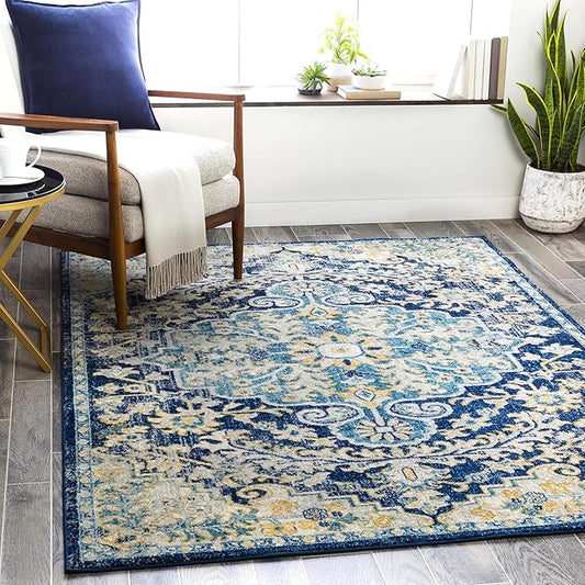 Livabliss Area Rugs - 5x7 Odelia Vintage Boho Blue Aqua Slate Area Rug for Living Room Bedroom - Floral Medallion Stain Resistant Carpet for Kitchen, Nursery, Office (5'3" x 7'3")