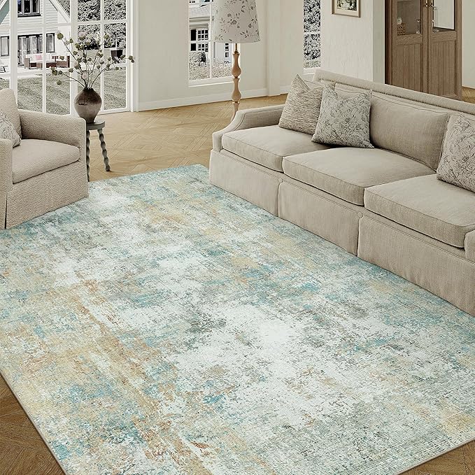 6x9 Washable Area Rug Teal Beige Abstract Living Room Bedroom Carpet Neutral Modern Non-Slip Soft Low Pile Lightweight Vacuumable Throw Rug for Dining Room Kitchen