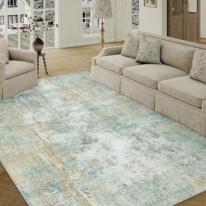 5x7 Washable Area Rug Teal Beige Abstract Living Room Bedroom Carpet Neutral Modern Non-Slip Soft Low Pile Lightweight Vacuumable Throw Rug for Dining Room Entryway
