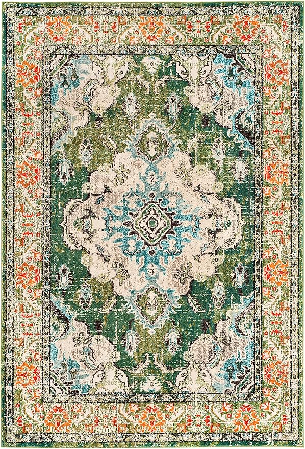 SAFAVIEH Monaco Collection Area Rug - 5'1" x 7'7", Forest Green & Light Blue, Medallion Distressed Design, Non-Shedding & Easy Care, Ideal for High Traffic Areas in Living Room, Bedroom (MNC243F)