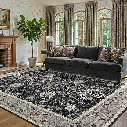9x12 Rugs for Bedroom, Vintage Washable Rugs Non Slip Large Area Rug for Living Room Dining Room Office, Floor Decoration Big Rug Carpet Low-Pile Kid & Pet Friendly(Blcak Navy Multi