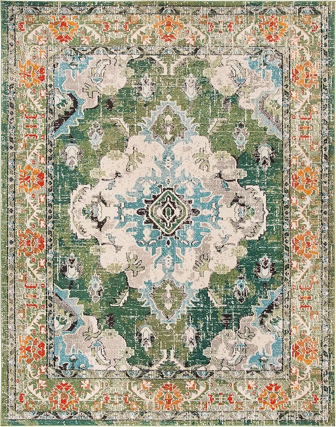 SAFAVIEH Monaco Collection X-Large Area Rug - 12' x 15', Forest Green & Light Blue, Medallion Distressed, Non-Shedding & Easy Care, Ideal for High Traffic Areas in Living Room, Bedroom (MNC243F)
