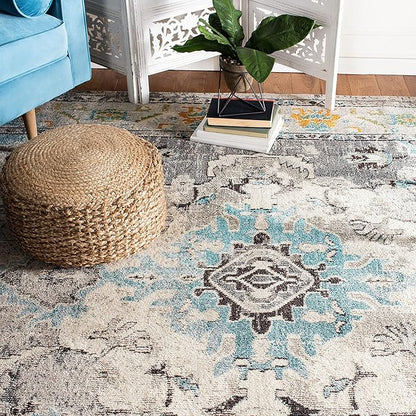 SAFAVIEH Monaco Collection Area Rug - 5'1" x 7'7", Grey & Light Blue, Boho Chic Medallion Distressed Design, Non-Shedding & Easy Care, Ideal for High Traffic Areas in Living Room, Bedroom (MNC243G)