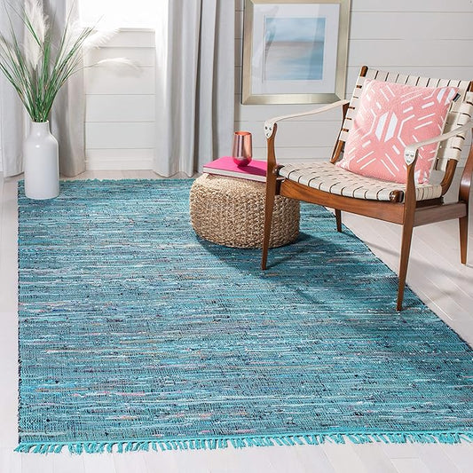 SAFAVIEH Rag Rug Collection Accent Rug - 4' x 6', Blue & Multi, Handmade Boho Stripe Cotton, Ideal for High Traffic Areas in Entryway, Living Room, Bedroom (RAR121B)