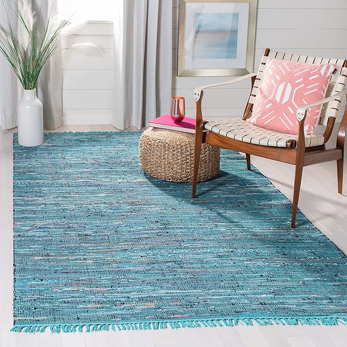 SAFAVIEH Rag Rug, Collection Area Rug - 3' Square, Blue & Multi, Handmade Boho Stripe Cotton, Ideal for High Traffic Areas in Living Room, Bedroom (RAR121B)