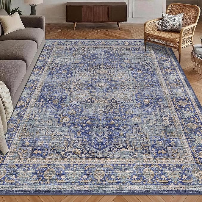 Washable Area Rug 5' x 7' Vintage Traditional Persian Mat - Foldable Distressed Non-Slip Machine Washable Carpet for Living Room Bedroom Kitchen Home Decor - Indigo and Gold