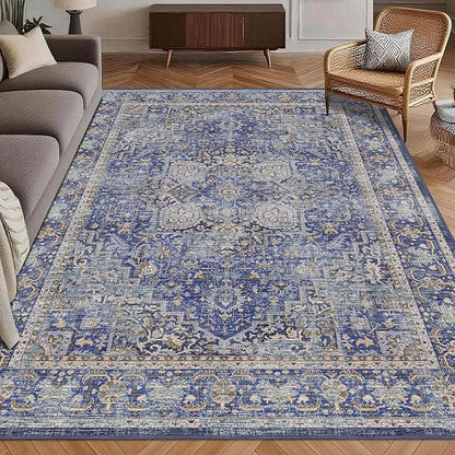 Washable Area Rug 3' x 5 ' Vintage Traditional Persian Mat - Foldable Distressed Non-Slip Machine Washable Carpet for Living Room Bedroom Kitchen Home Decor - Indigo and Gold