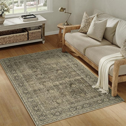 Vintage Area Rug 4x6 Light Brown Bedroom Indoor Kitchen Washable Living Room Carpet Tribal Distressed Retro Accent Throw Rug for Office Dining Room Bathroom Faux Wool