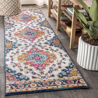 JONATHAN Y Boho Vintage Blue/Multi Runner Rug, 2x10, Bohemian Flair Medallion, Floral Easy-Cleaning High Traffic for Living Room, Bedroom, Kitchen, Pet-Friendly, Non Shedding (BMF106A-210)