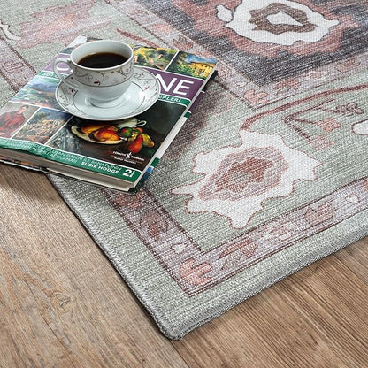 Fame Living Green Oushak Rug, Modern Small Rugs, Vintage, Turkish, Eclectic, Floral, Pastel, Washable, Door Mat, Doormat for Indoor Entrance, Entryway, Kitchen, Bathroom, Bedroom, Laundry, 2'x3'