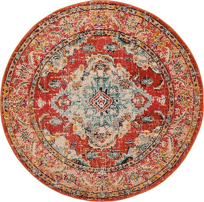 SAFAVIEH Monaco Collection Area Rug - 4' Round, Orange & Light Blue, Boho Chic Medallion Distressed Design, Non-Shedding & Easy Care, Ideal for High Traffic Areas in Living Room, Bedroom (MNC243H)